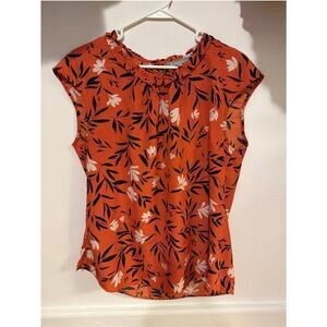 Daniel Rainn Top Pullover Orange Floral Print Ruched Neckline - Size Large